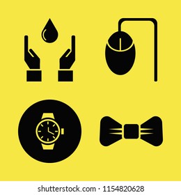personal vector icons set. with black bow tie, computer mouse, watch and hands drop in set