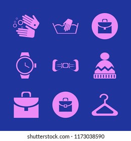 personal vector icons set. with wash hands, briefcase, winter hat and watch in set