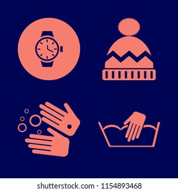 personal vector icons set. with watch, hand washing, wash hands and winter hat in set