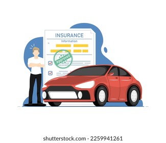 Personal vehicle insurance concept, Human standing with personal vehicle document information, Digital marketing illustration.