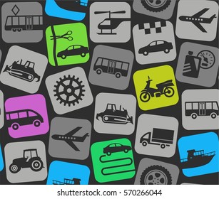 Personal vehicles, colored background, seamless. Colored flat icons of car, motorcycle, boat and truck on a dark gray background. Vector background.  