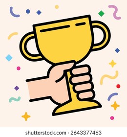 Ilustração conceitual de vitória pessoal, com uma mão segurando um troféu