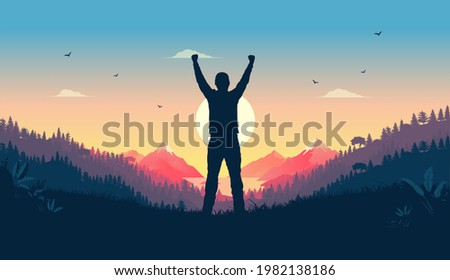 Personal victory and winning - Person standing in landscape watching sunrise celebrating triumph alone. Feel good concept, vector illustration.