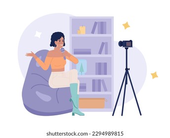 Personal video podcast 2D vector isolated spot illustration. Female live streamer talking about fashion and beauty flat character on cartoon background. Colorful editable scene for mobile, website