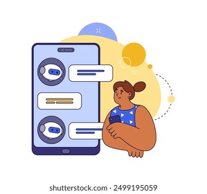 Personal virtual assistant or chatbot at customer support or service. Vector flat smartphone with artificial intelligence conversation, application interface with dialog boxes