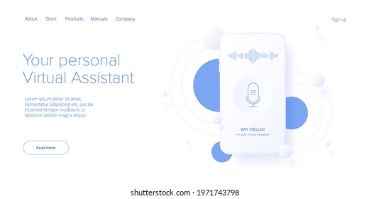 Personal virtual assistant concept in isometric vector illustration. IVA sofware agent or online chatbot app in cellular smartphone. Web banner layout template.