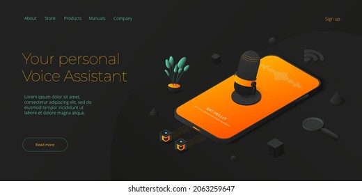 Personal virtual assistant concept in isometric vector illustration. IVA sofware agent or online chatbot app in cellular smartphone. Web banner layout template.