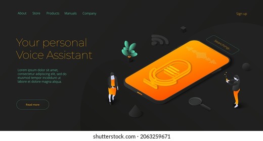 Personal virtual assistant concept in isometric vector illustration. IVA sofware agent or online chatbot app in cellular smartphone. Web banner layout template.