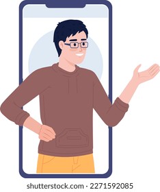 Asistente virtual personal en la ilustración de punto vectorial de concepto plano de teléfono móvil. Caricatura 2D editable sobre blanco para diseño web. Idea creativa del servicio de soporte para sitio web, móvil, revista