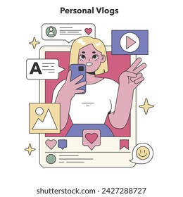 Personal Vlogs theme. Everyday life and experiences shared with online audiences. Authentic self-expression, daily activities, digital connection. Flat vector illustration