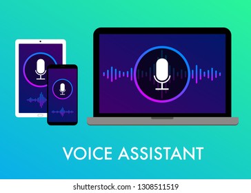 Personal Voice Assistant flat vector illustration, Tablet PC, Mobile, Laptop voice assistant search, website banner and icons on the gradient background
