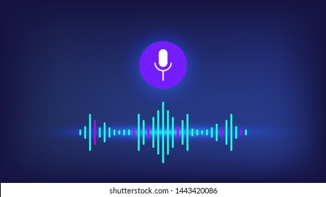 Personal voice assistant with microphone and sound wave on blue background. Sound voice wave with microphone vector eps10. Sound speech wave with microphone, personal voice assistant