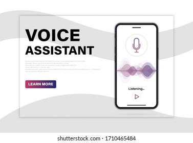 Personal voice assistant and recognition on mobile app. Landing page. Phone screen with voice and sound imitation waves. Virtual online assistant, mobile app ui, personal voice assistant design