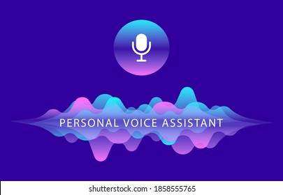 Personal voice assistant. Voice recognition. Sound waves and microphone button. Smart technology.