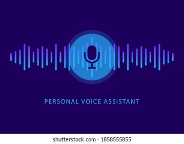 Personal Voice Assistant. Voice Recognition. Sound Waves And Microphone Button. Smart Technology.