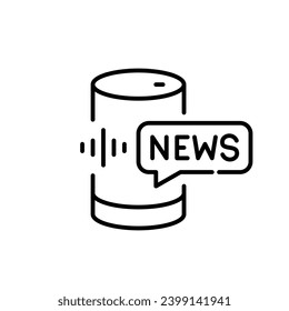 Asistente personal de voz de altavoz inteligente con burbuja de discurso de noticias. Trazo de píxeles perfecto, editable