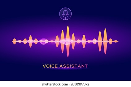 Asistente personal de voz, reconocimiento de sonido inteligencia artificial. Logo de micrófono con concepto vectorial de virtualización de ondas sonoras de voz. Grabación de grabación de aplicaciones digitales futuristas