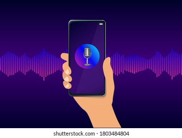 Reconocimiento personal de voz con micrófono en el teléfono y ondas de sonido sobre fondo azul violeta.