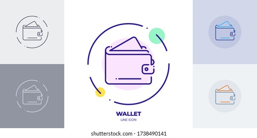 Personal wallet line art vector icon with editable stroke. Outline symbol of wallet with money. Withdraw cash from a wallet pictogram made of thin stroke. Isolated on background.