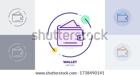 Personal wallet line art vector icon with editable stroke. Outline symbol of wallet with money. Withdraw cash from a wallet pictogram made of thin stroke. Isolated on background.