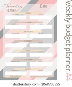 Personal weekly budget planner in a4 format. Finance, income and expenses.