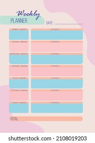 Personal weekly budget planner in a4 format. Finance, income and expenses.