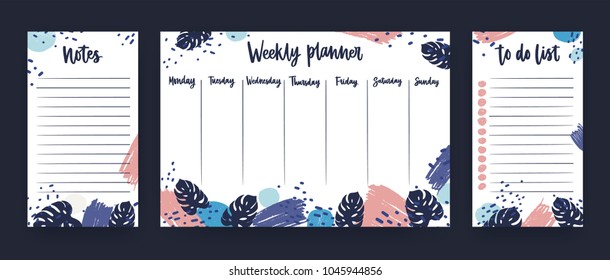 Personal weekly planner with week days, sheet for notes and to do list templates decorated with colorful paint smears and exotic monstera leaves. Planning and scheduling. Vector illustration. 