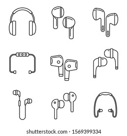 Personal wireless earbuds icons set. Outline set of personal wireless earbuds vector icons for web design isolated on white background