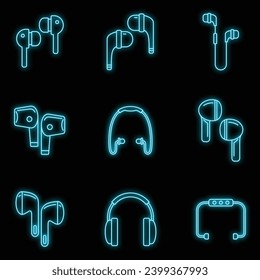 Personal wireless earbuds icons set. Outline set of personal wireless earbuds vector icons neon color on black