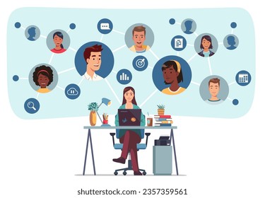 Personal and work connections network audit. Business networking skills. Online team communication, remote working office. Human resources manager person. Flat vector staff character illustration