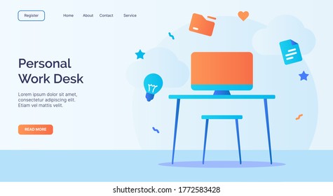 Personal work desk computer table chair icon campaign for web website home page landing template with cartoon style.