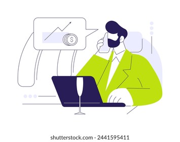 Personal workplace in the plane abstract concept vector illustration. Busy man with laptop and smartphone working in the play, business class travel, company executive abstract metaphor.