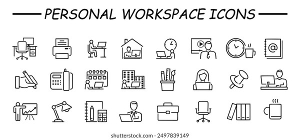 Iconos de Espacio de trabajo personal. Estilo de esquema del conjunto de iconos de Office.