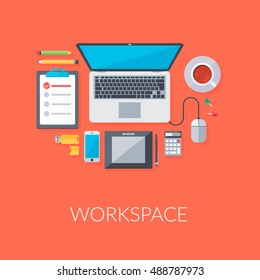 Personal workspace organization. Modern flat design template.