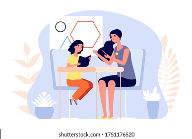 Personal Young Teacher. Private Education, Girl Intern. School Girl Learning With Woman, Tutor For Preschool Children. Professional In Teaching Vector I