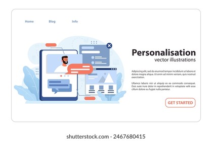 Personalisierungskonzept. Benutzerdefinierte Benutzeroberfläche auf digitalen Tablets. Chatblasen, Webseiten-Layouts. Maßgeschneiderte Inhalte für den Einzelnen. flache Vektorillustration