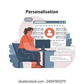 Personalisation in digital platform concept. Woman at computer adjusts user profile settings on a webpage, enhancing tailored content delivery. Individual user experience focus. vector illustration