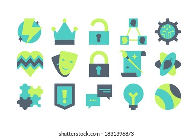 Personalities and archetypes flat vector icons set. Psychology symbols. Hobbies and activities