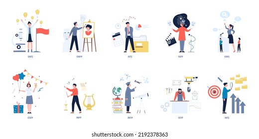 Personalities mbti types. Logic problem solution, individuals character. Personality mindset type, creative and business people. Recent psychology vector set