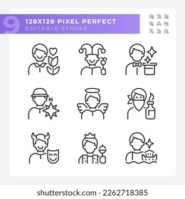 Personalities pixel perfect linear icons set. Psychoanalytic theory. Archetypes. Psychological classification. Customizable thin line symbols. Isolated vector outline illustrations. Editable stroke