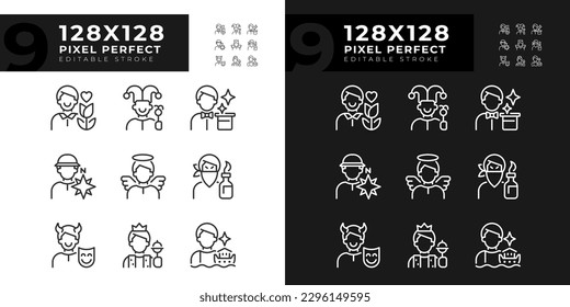 Personalities pixel perfect linear icons set for dark, light mode. Psychoanalytic theory. Archetypes. Psychology. Thin line symbols for night, day theme. Isolated illustrations. Editable stroke