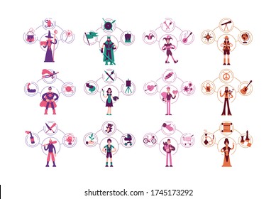 Personality archetypes flat concept vector illustrations set. People individual characteristics types metaphors. Indian guru, medieval king, old magician with book 2D cartoon characters