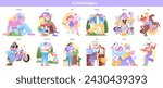Personality Archetypes set. Illustrations of twelve character archetypes in various scenarios. Expressive and colorful personality representations. Vector illustration.