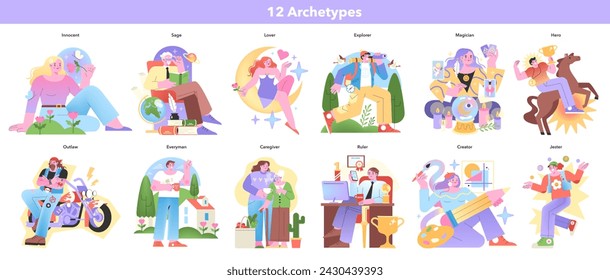 Personality Archetypes set. Illustrations of twelve character archetypes in various scenarios. Expressive and colorful personality representations. Vector illustration.