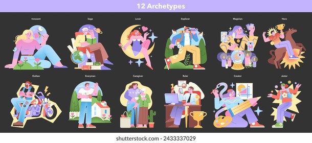 Personality Archetypes set. Illustrations of twelve character archetypes in various scenarios. Expressive and colorful personality representations. Vector illustration.