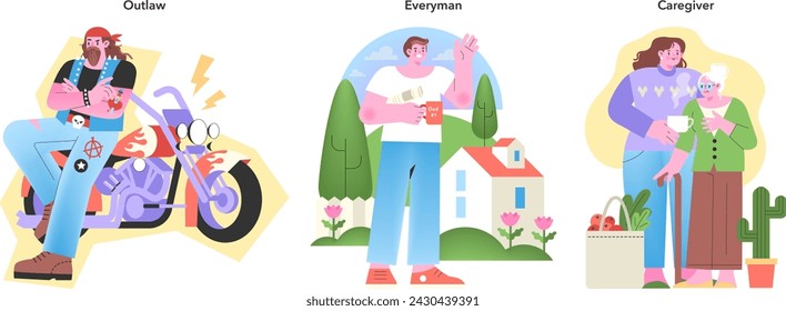 Personality Archetypes set. Outlaw, Everyman, and Caregiver in vivid scenarios, showcasing societal roles. Warm and inviting character depictions. Vector illustration.