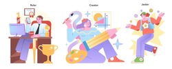 Personality Archetypes Set. Ruler, Creator, And Jester Depicted In Vibrant, Commanding, And Playful Scenarios. Artistic And Dynamic Vector Illustrations.