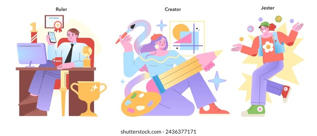 Personality Archetypes set. Ruler, Creator, and Jester depicted in vibrant, commanding, and playful scenarios. Artistic and dynamic vector illustrations.