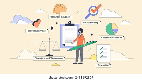 Personality assessment as psychological test tiny person neubrutalism concept. Labeled aspects of individuality examining for unique characteristics and behavior vector illustration. Self evaluation.