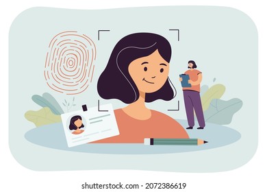 Personality Biometric Recognition For Female Employee. Tiny Person Using Office ID Card Badge, Unique Fingerprint And Facial Authorization Flat Vector Illustration. Safety, Personality Concept